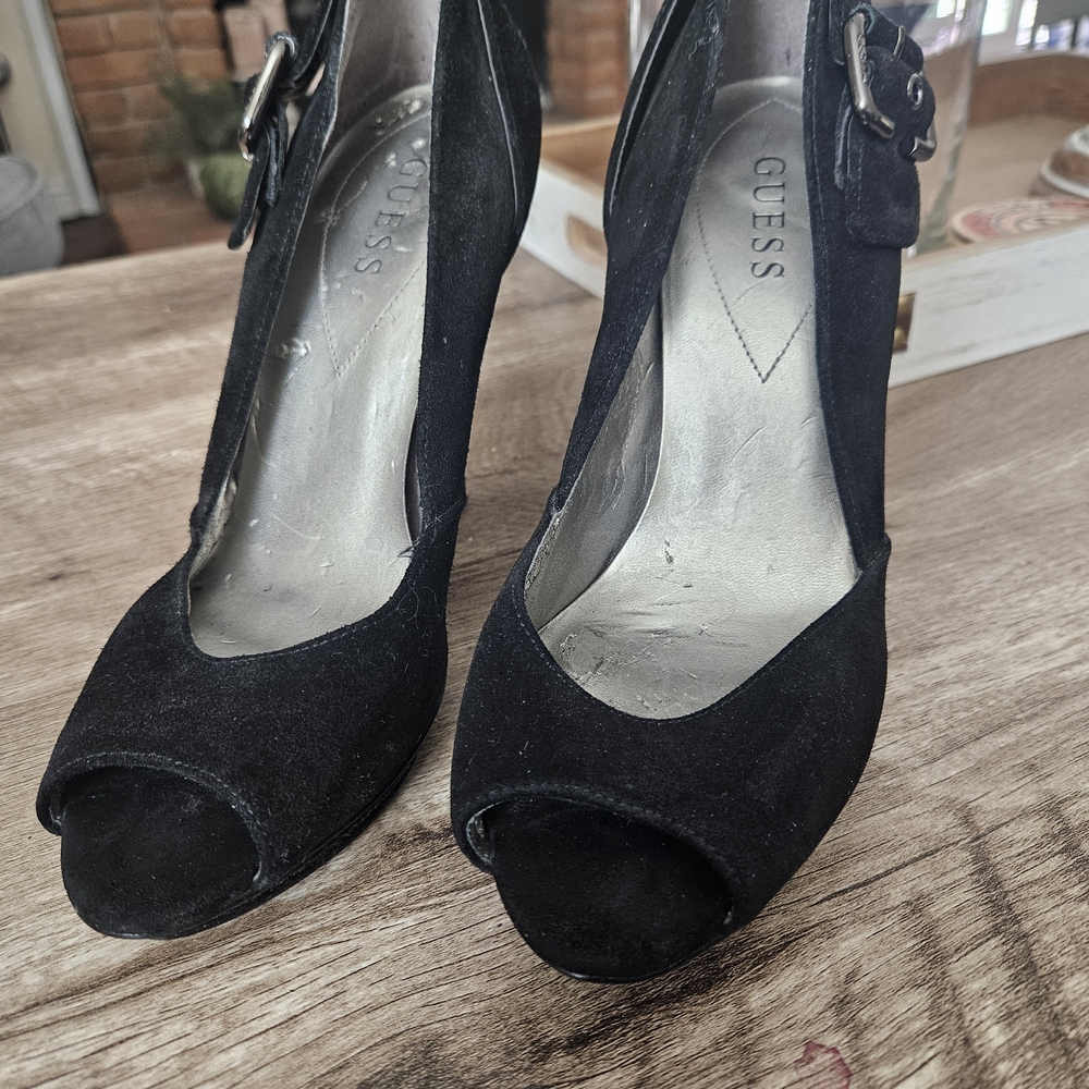 Guess Black Suede Peep Toe Heels